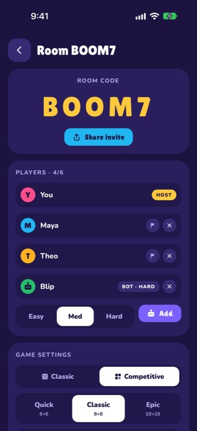 Online room lobby with room code BOOM7